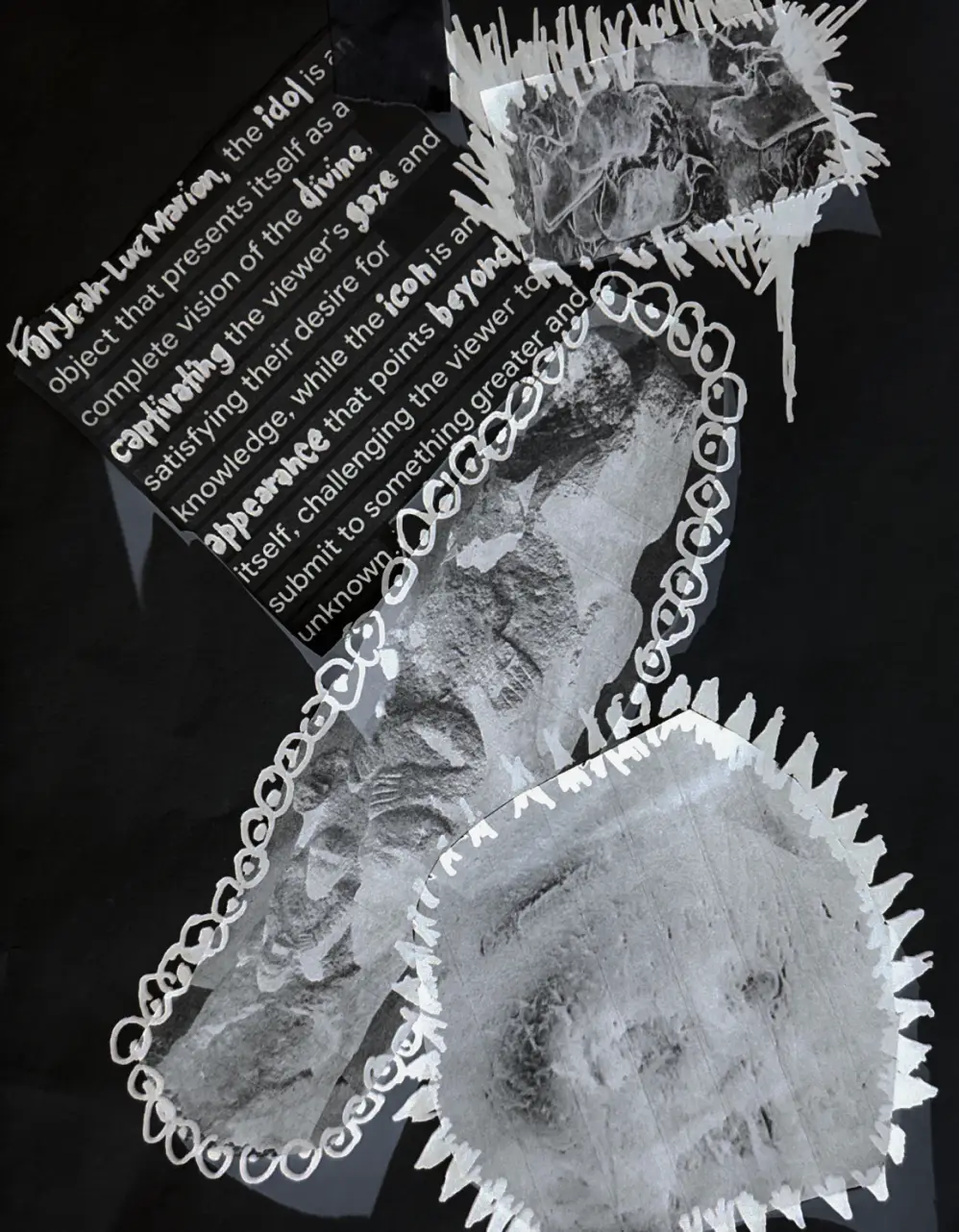 Collage of torn paper, chain, and feathers